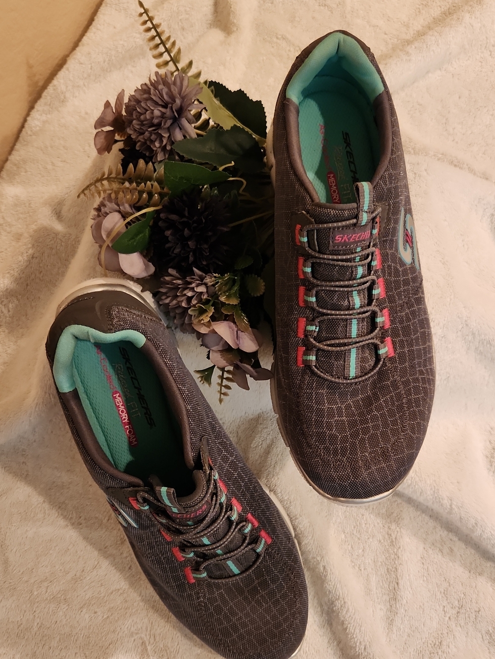 Skechers Charcoal Slip-On Sneakers with Teal & Pink Accents